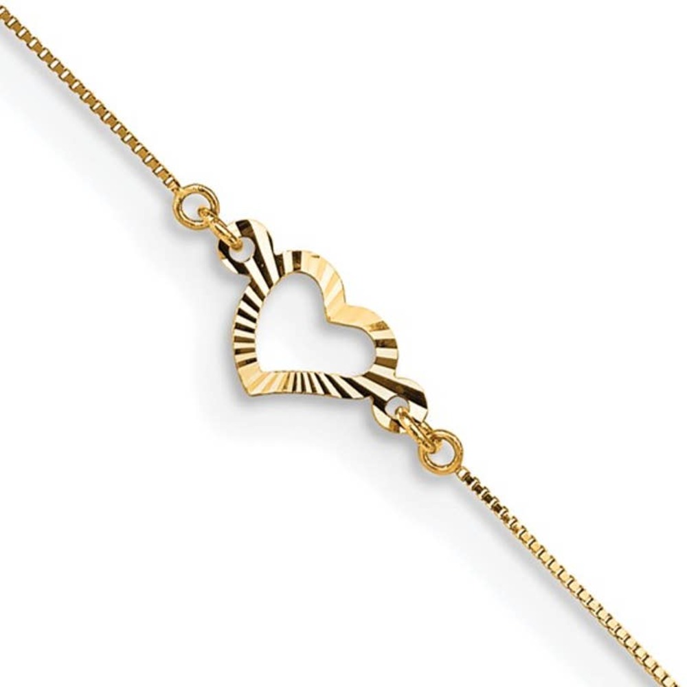 Solid 14K Yellow Gold Heart Charm Station Box Chain Anklet 9 inch + 1 inch Ext.